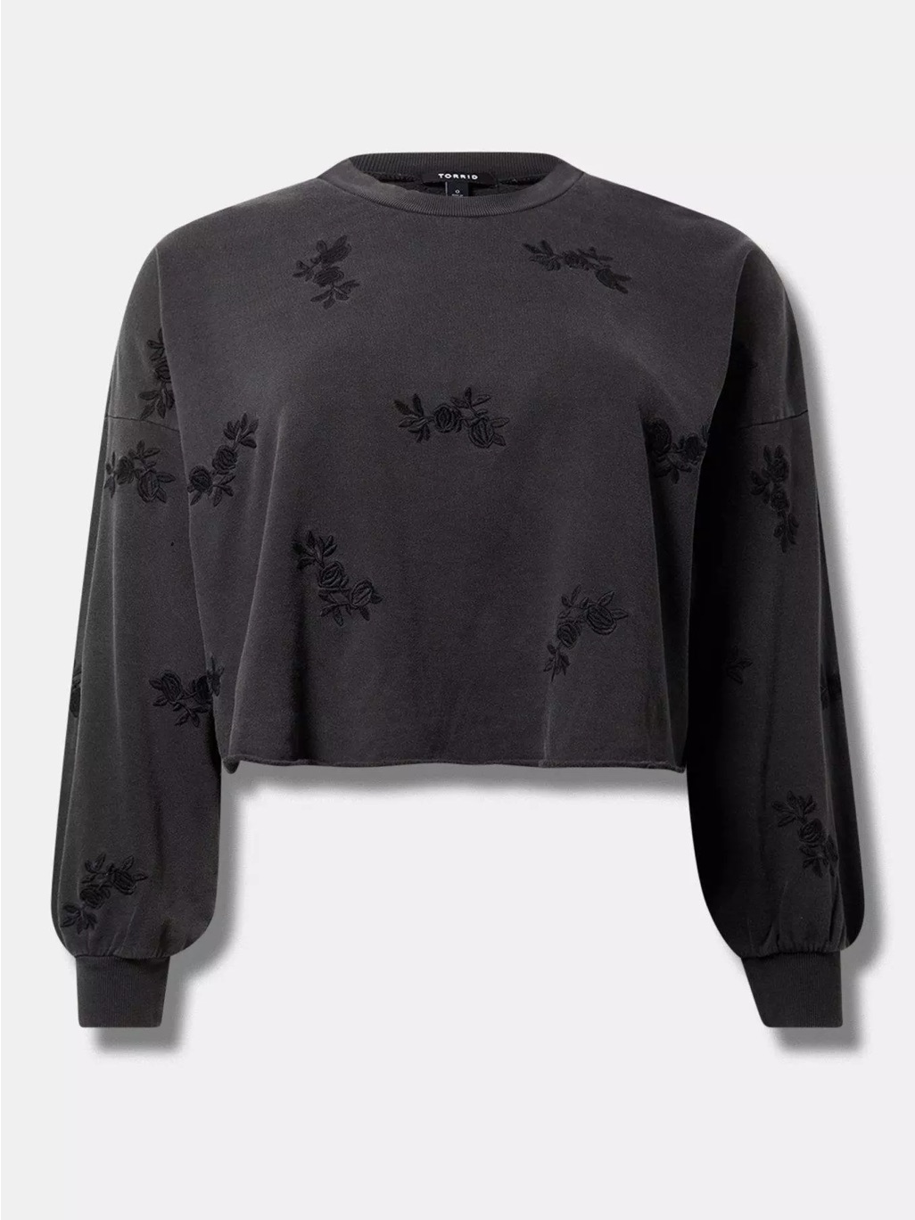 Torrid Black Cropped Crewneck Sweatshirt With Tonal Floral Embroidery